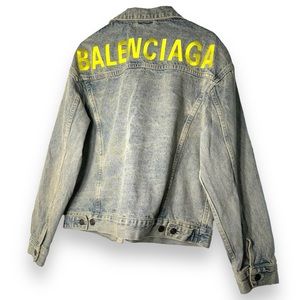Balenciaga Denim Jacket Embroidered big logo Luxury Designer Men Sz 46 Washed